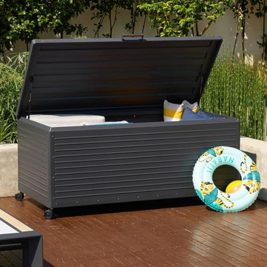 281 Gallon Large Metal Deck Box with Wheels, Lockable Outdoor Storage for Patio Cushions, Garden Tools, Furniture – Charcoal