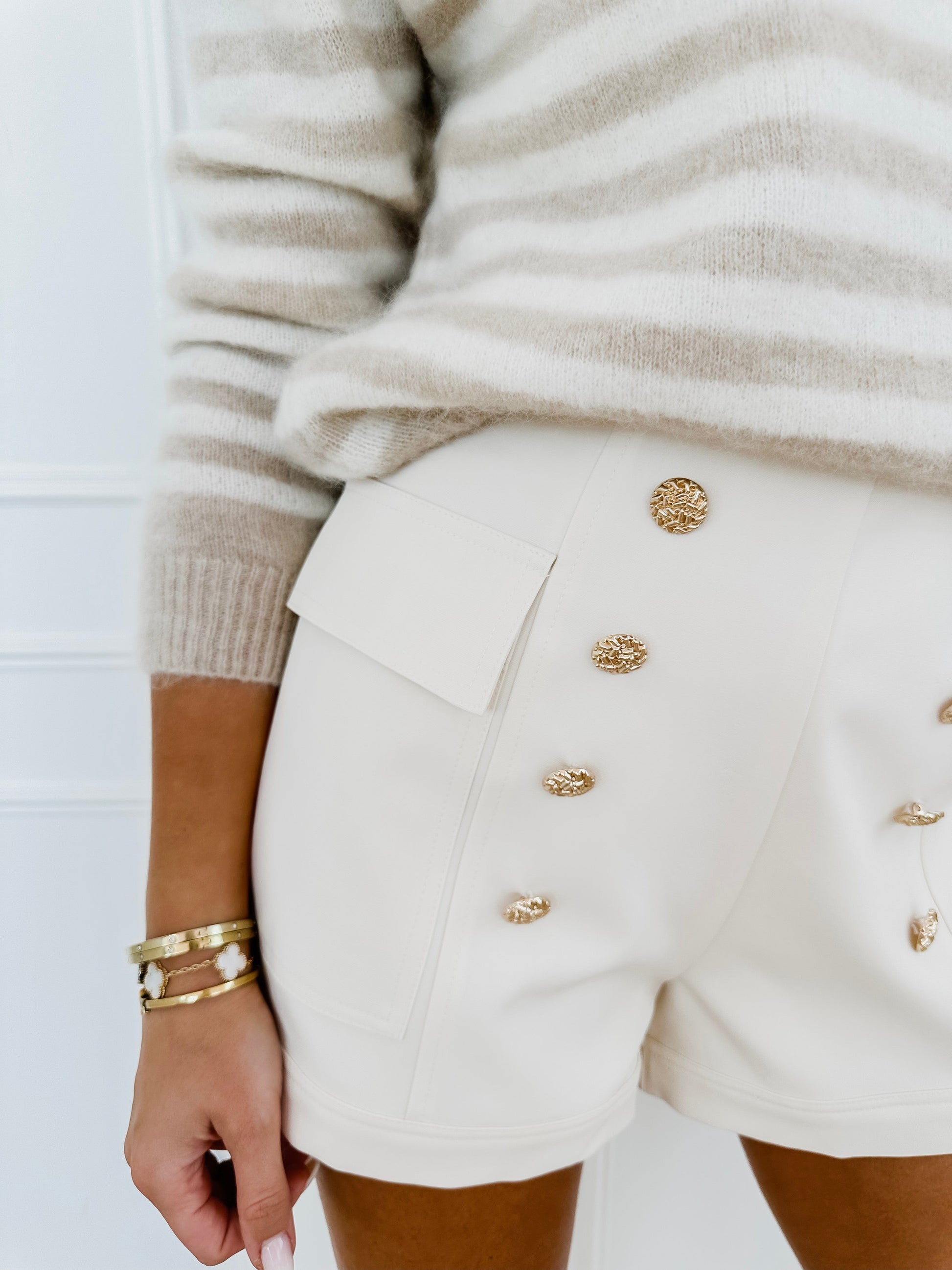 Beige Golden Button Pocket Short