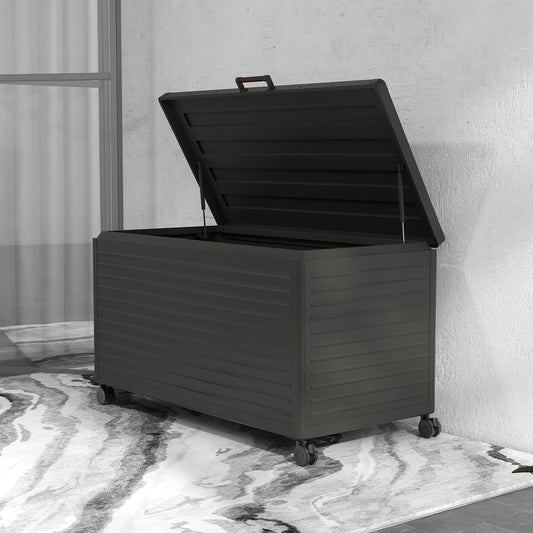 281 Gallon Large Metal Deck Box with Wheels, Lockable Outdoor Storage for Patio Cushions, Garden Tools, Furniture – Charcoal